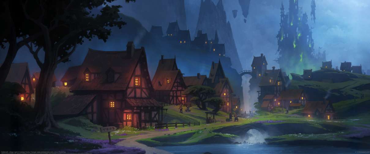 Fablecraft - village night ultrabreit Hintergrundbild