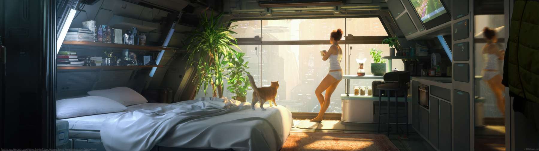 Room from some distant future - concept keyframe illustration ultrabreit Hintergrundbild