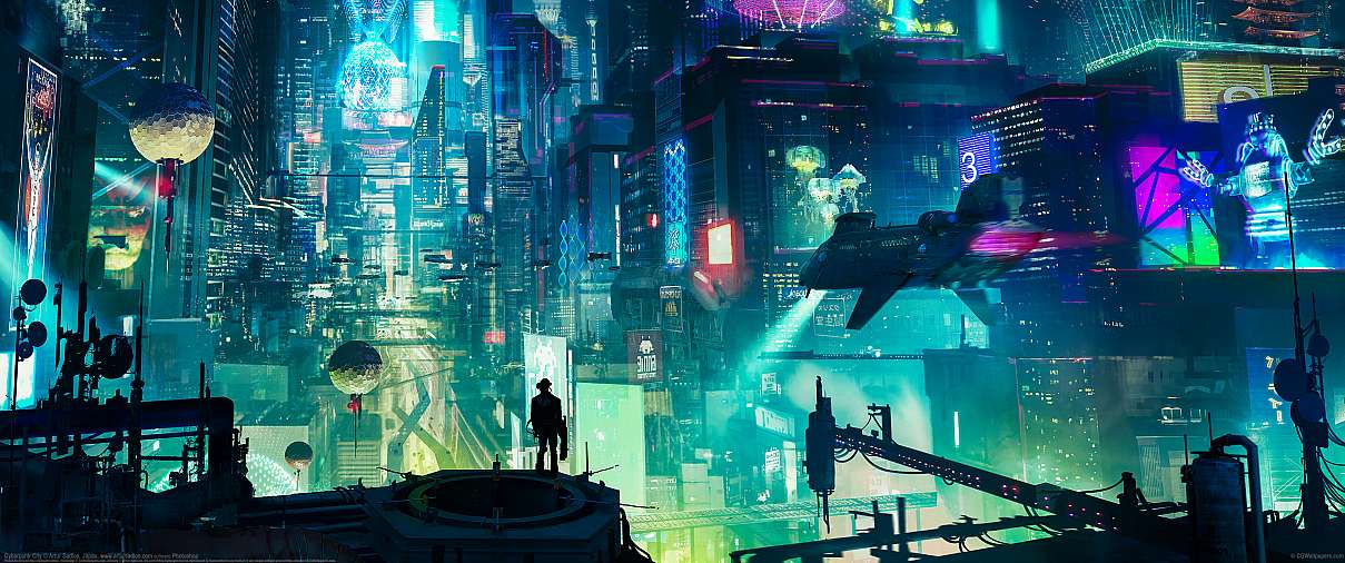 Cyberpunk City ultrabreit Hintergrundbild